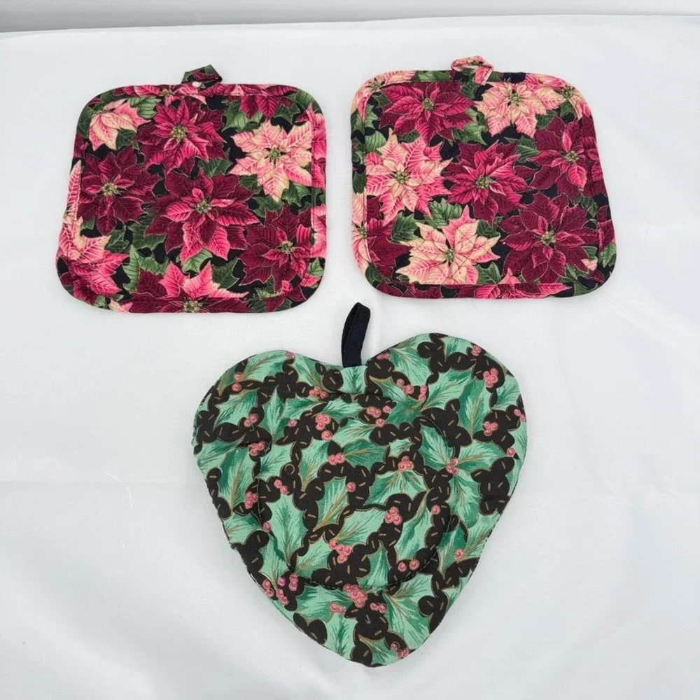 Poinsettia Cottage Country‎ Core Floral Pot Holder 3 Pc Christmas Kitchen Decor